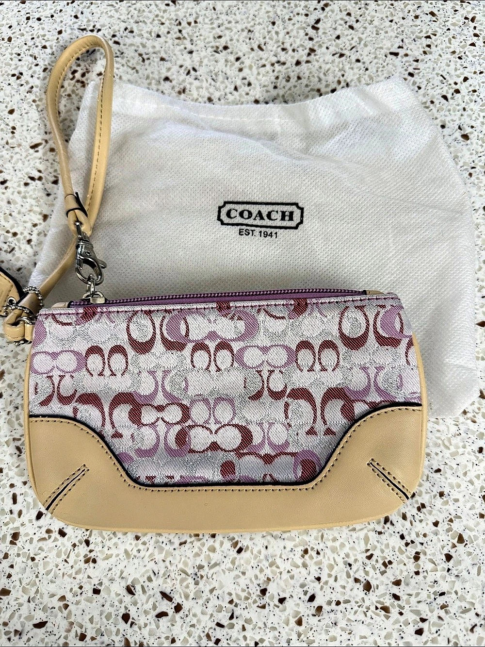 Coach Signature C Corner Zip Wristlet in Pink & Tan